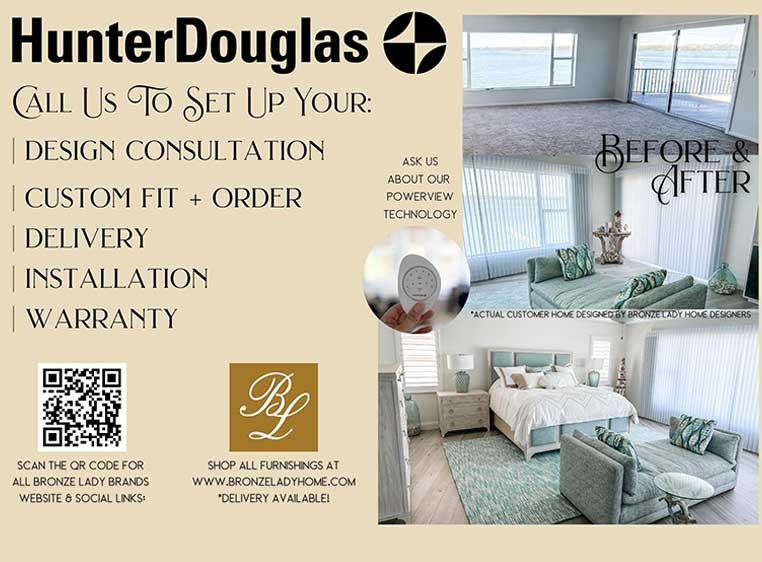 Bedroom photo collage with text saying "Call us to set up your: Design consultation, custom fit order, deliver, installation, warranty"